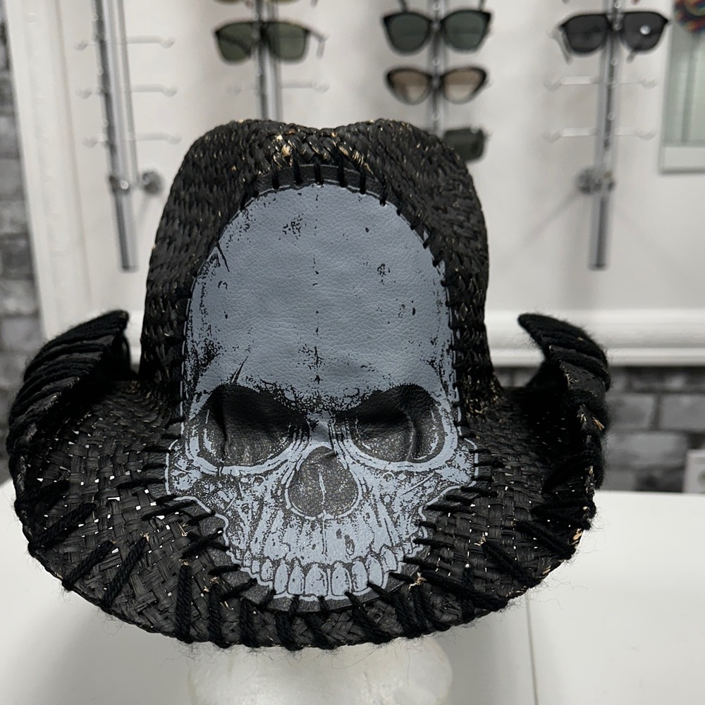 Black Woven Cowboy Hat with Skull Design